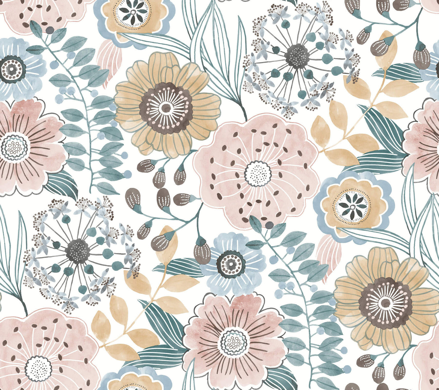 York Artisan Studio Artistic Bouquet Wallpaper - Ochre & Ocean