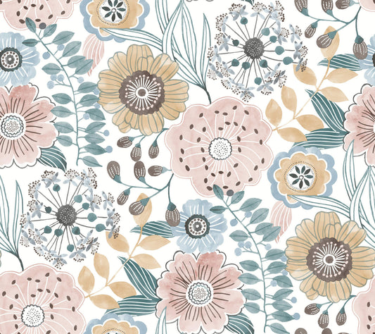 York Artisan Studio Artistic Bouquet Wallpaper - Ochre & Ocean