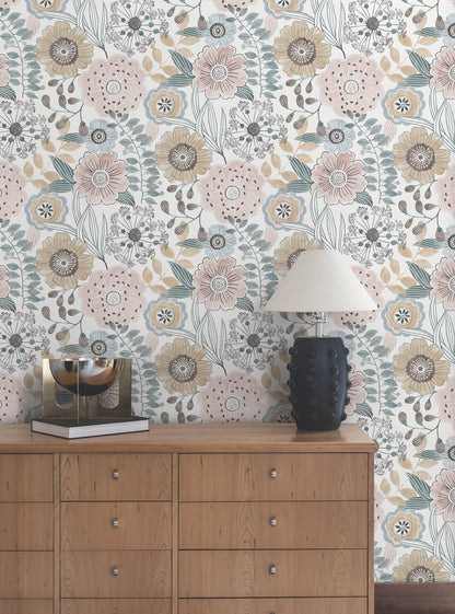 York Artisan Studio Artistic Bouquet Wallpaper - Ochre & Ocean