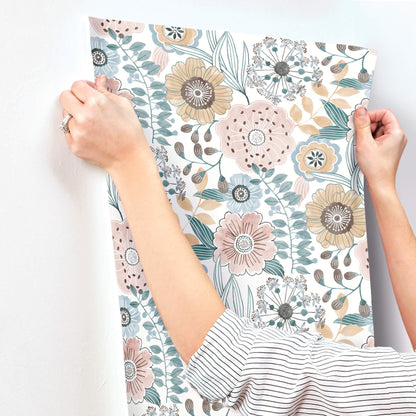 York Artisan Studio Artistic Bouquet Wallpaper - Ochre & Ocean