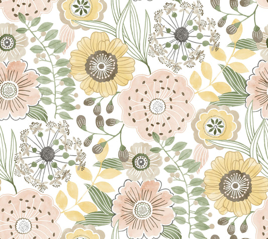 York Artisan Studio Artistic Bouquet Wallpaper - Coral & Lemon