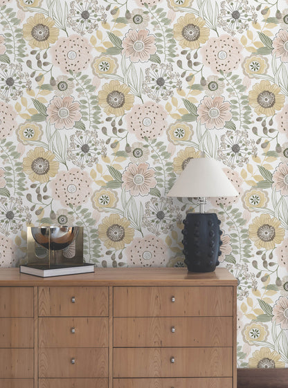 York Artisan Studio Artistic Bouquet Wallpaper - Coral & Lemon