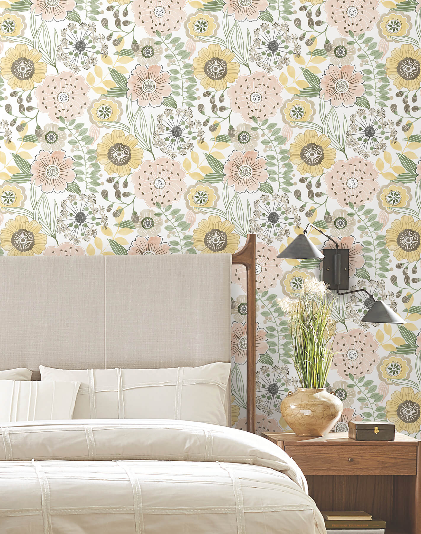 York Artisan Studio Artistic Bouquet Wallpaper - Coral & Lemon