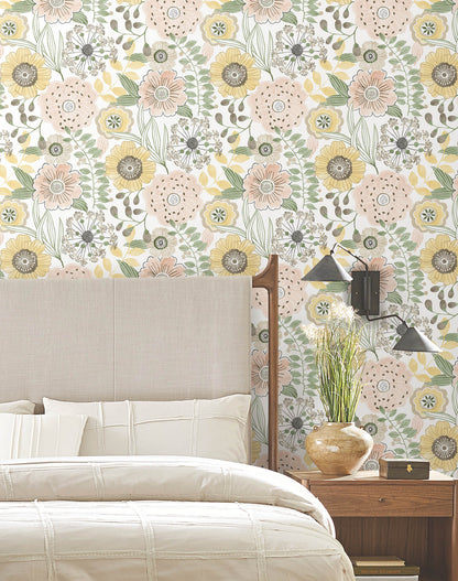 York Artisan Studio Artistic Bouquet Wallpaper - Coral & Lemon
