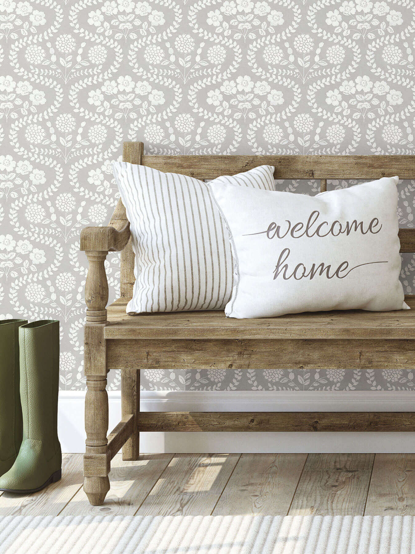 Simply Farmhouse Folksy Floral Wallpaper - Gray & White