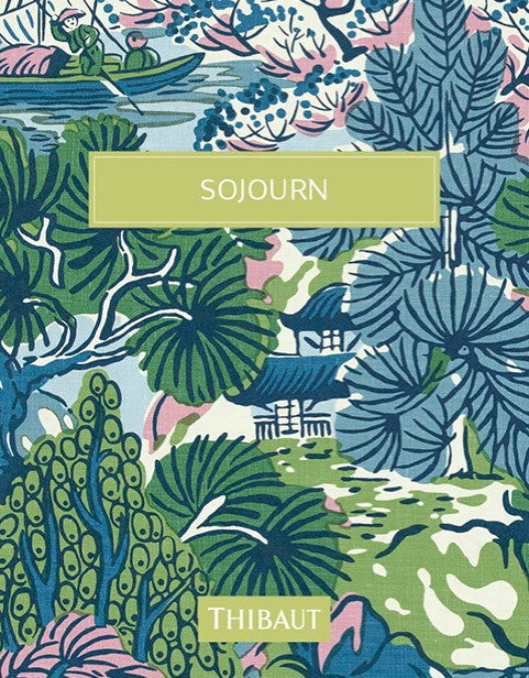 Thibaut Sojourn Pagoda Trees Wallpaper - Coral & Green