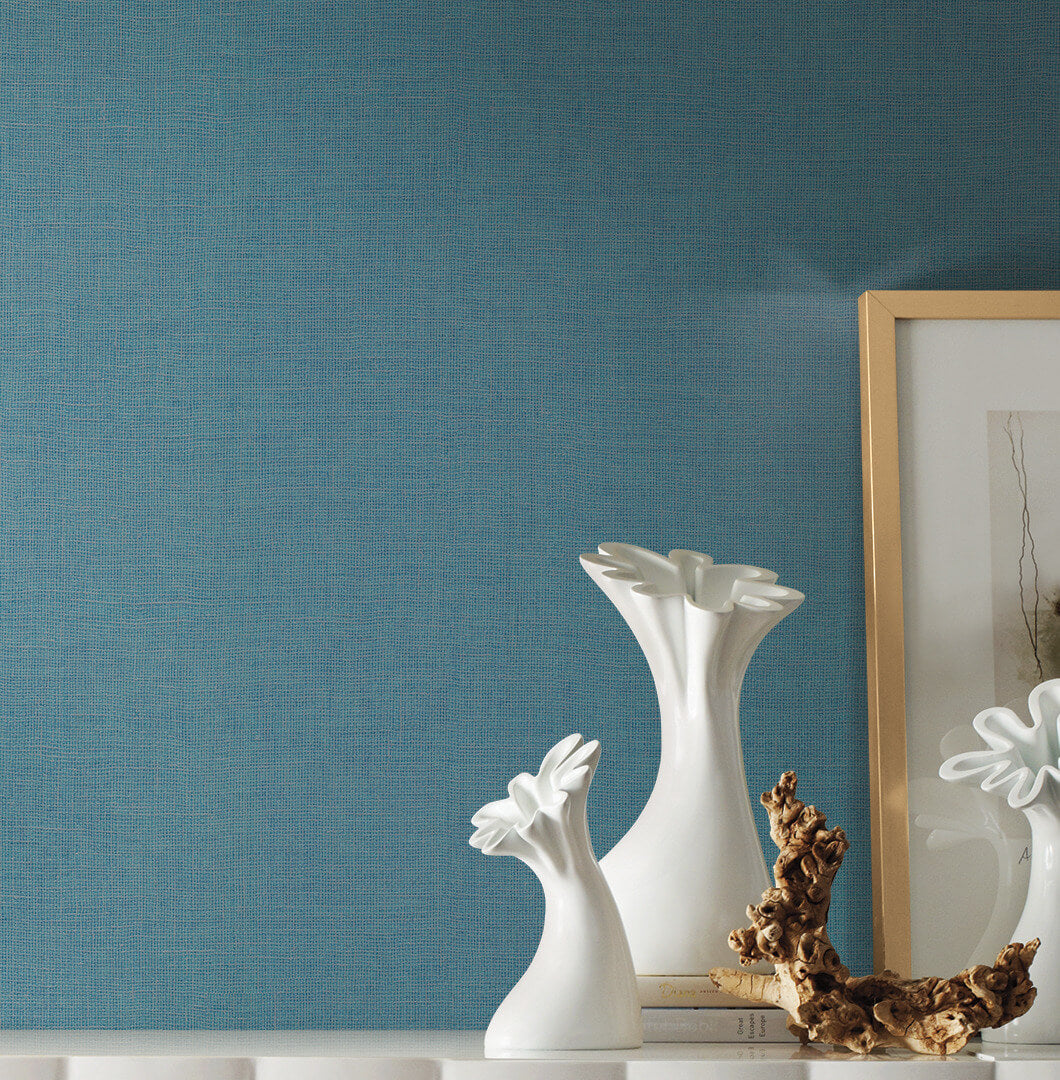Handpainted Traditionals Gesso Weave Wallpaper - Teal Blue
