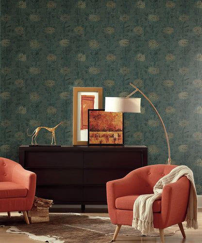 Ronald Redding French Marigold Wallpaper - Turquoise & Gold