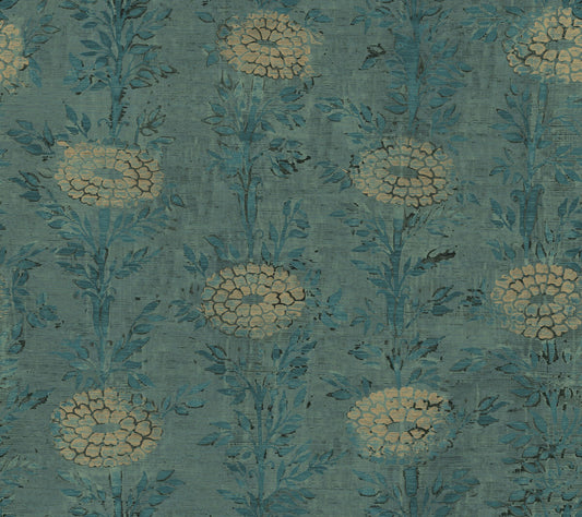 Ronald Redding Tea Garden French Marigold Wallpaper - Turquoise & Gold