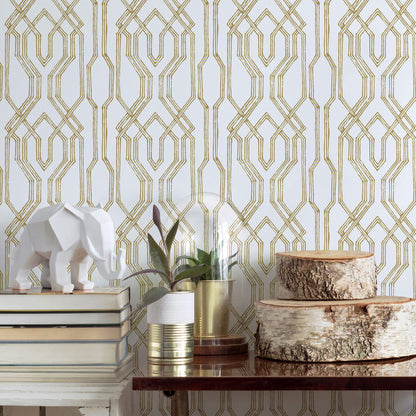 Ronald Redding Oriental Lattice Wallpaper - White & Gold