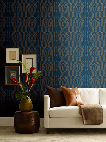 Ronald Redding Oriental Lattice Wallpaper - Blue & Gold