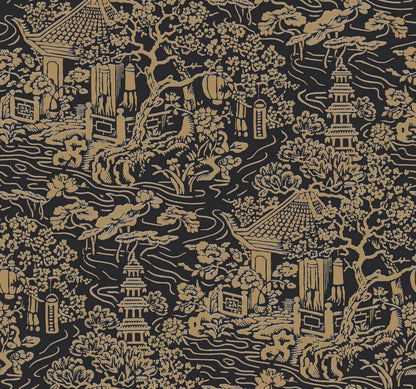 Ronald Redding Chinoiserie Wallpaper - Black & Gold