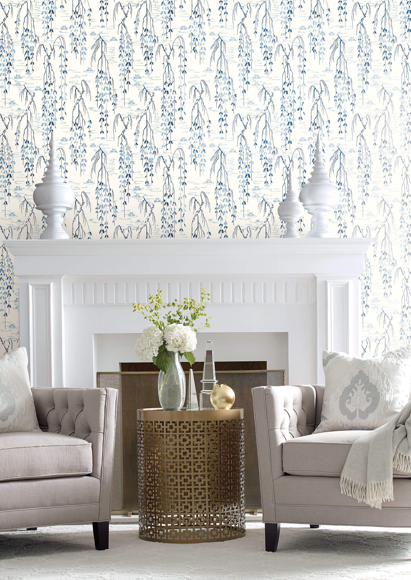 Ronald Redding Willow Branches Wallpaper - White & Blue