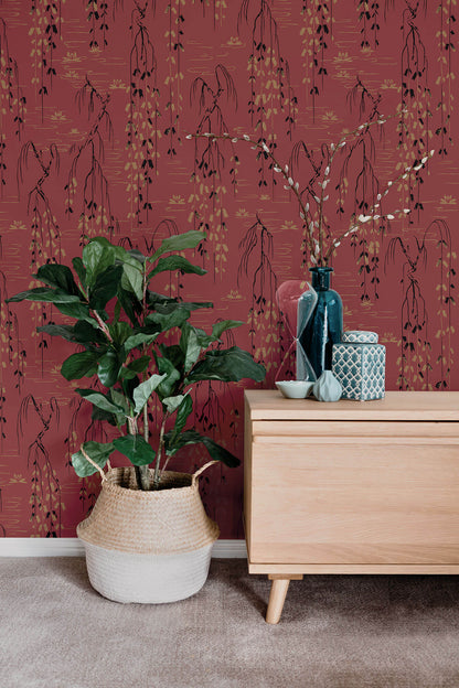 Ronald Redding Willow Branches Wallpaper - Red, Black, Gold