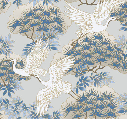 Ronald Redding Sprig & Heron Wallpaper - Light Blue