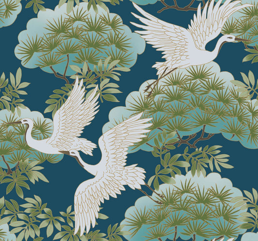 Ronald Redding Tea Garden Sprig & Heron Wallpaper - Blue