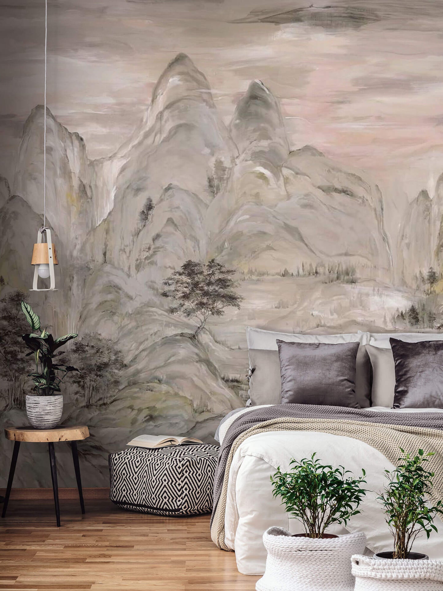 Ronald Redding Misty Mountain (3 Panel) Wallpaper Mural - Taupe