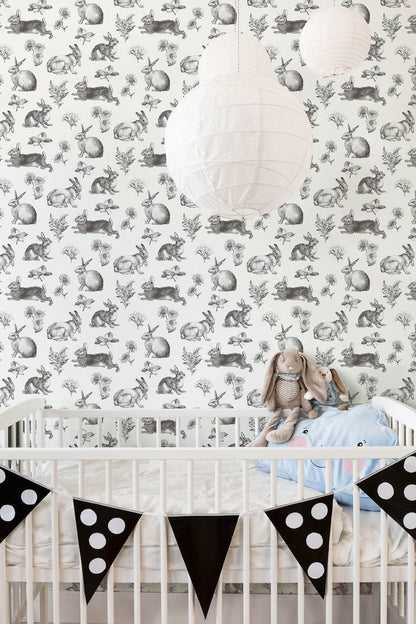 AT4263 Nursery Bunny Toile Wallpaper York Black White
