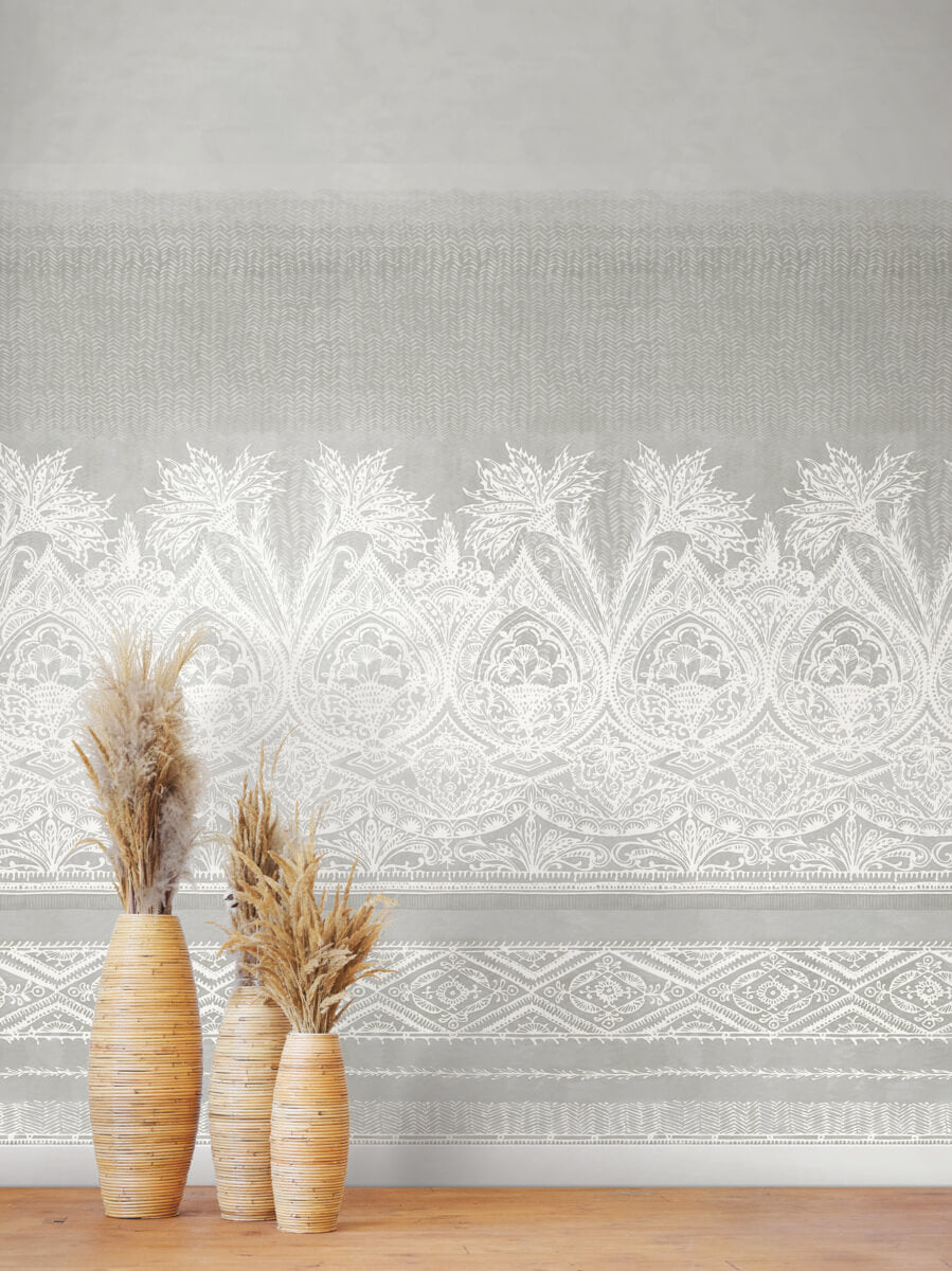 Antonina Vella Bohemian Luxe Henna Wallpaper Mural - White & Gray