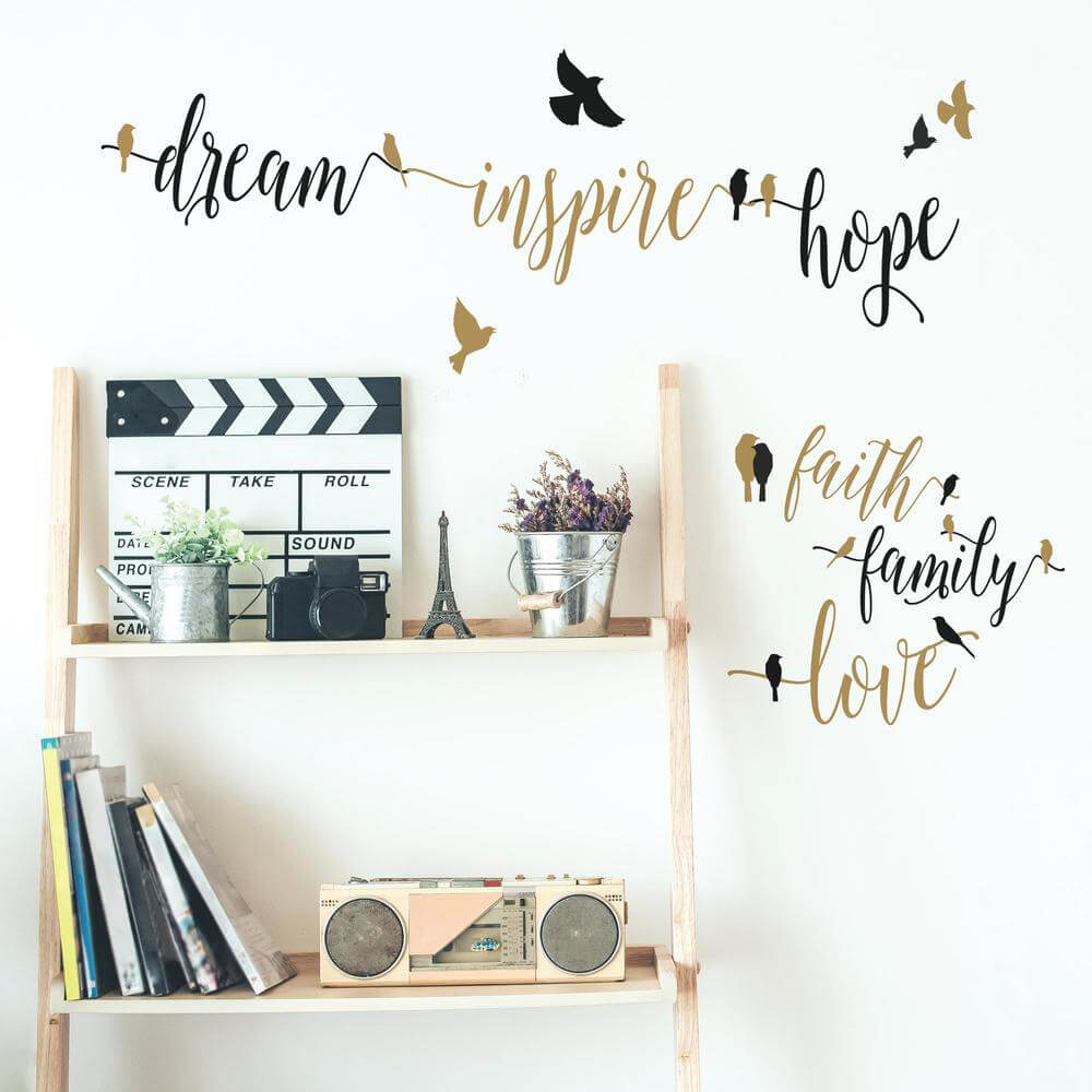 Black and Gold Inspirational Words with Birds Wall Decals