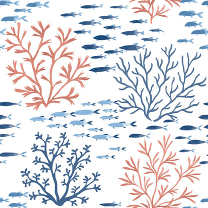 Waters Edge Resource Library Marine Garden Wallpaper - Coral & Navy