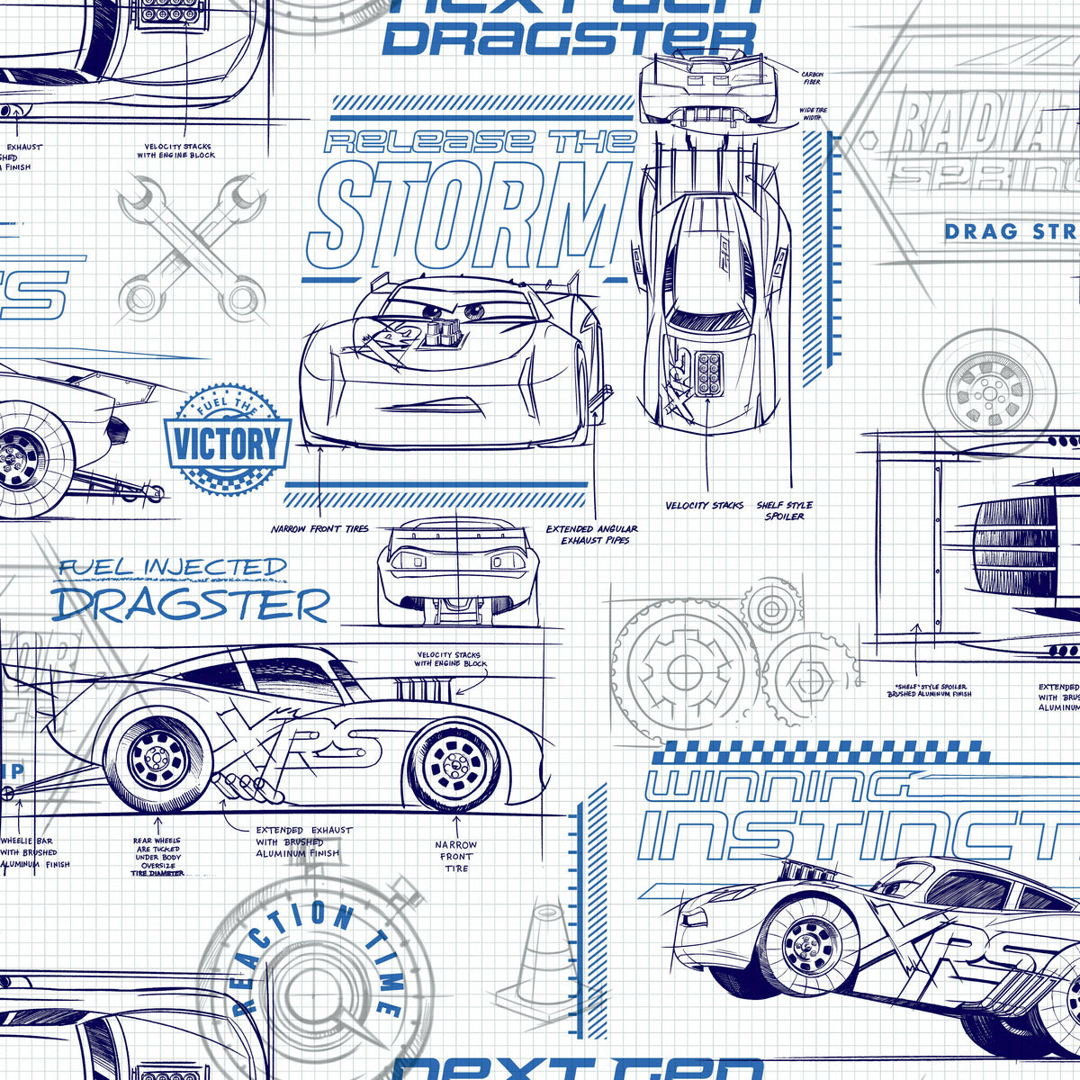 Pixar Cars Schematic Wallpaper - Blue & White