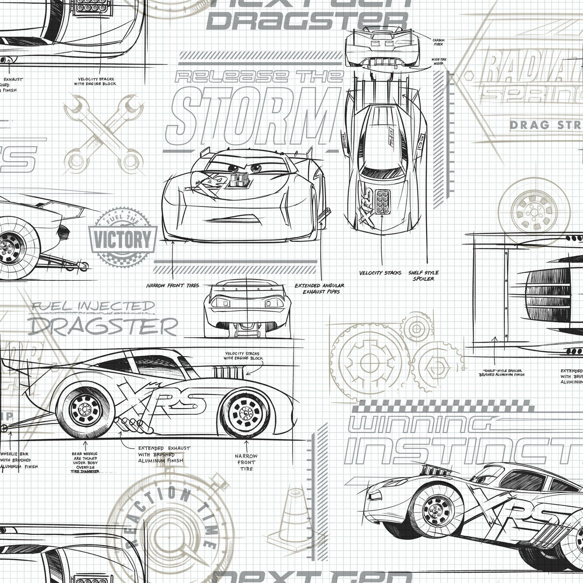 Pixar Cars Schematic Wallpaper - Black & White