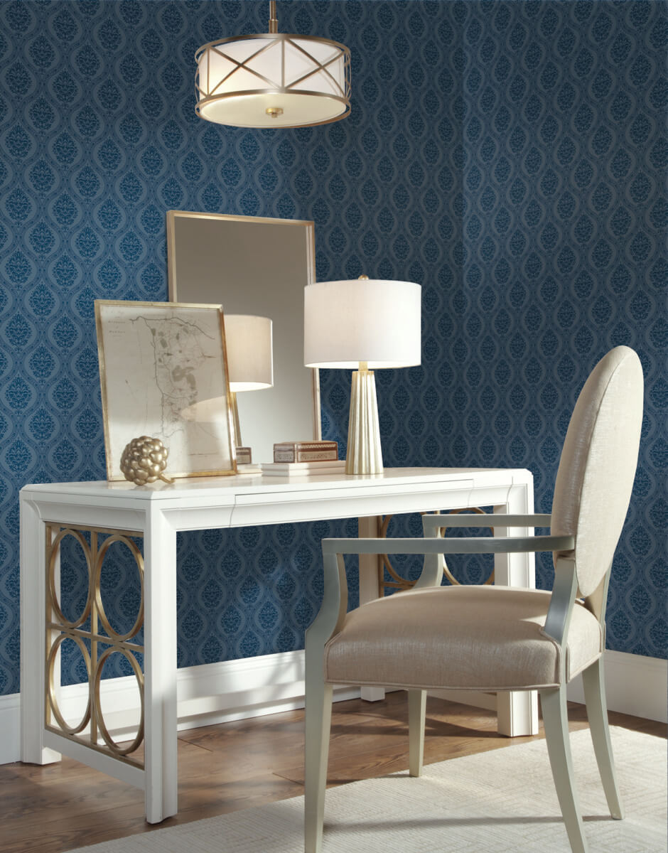 Damask Resource Library Petite Ogee Wallpaper - Navy Blue