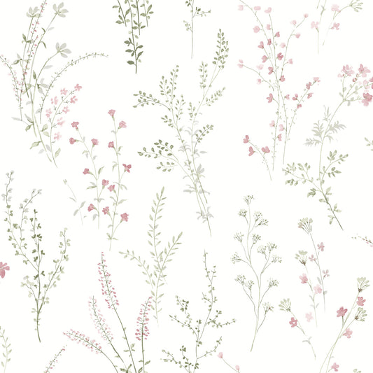 Simply Farmhouse Wildflower Sprigs Wallpaper - Pink & Green