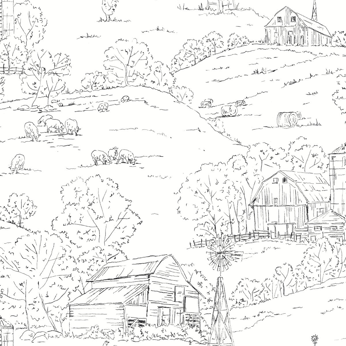 Simply Farmhouse Pasture Toile Wallpaper - Black & White