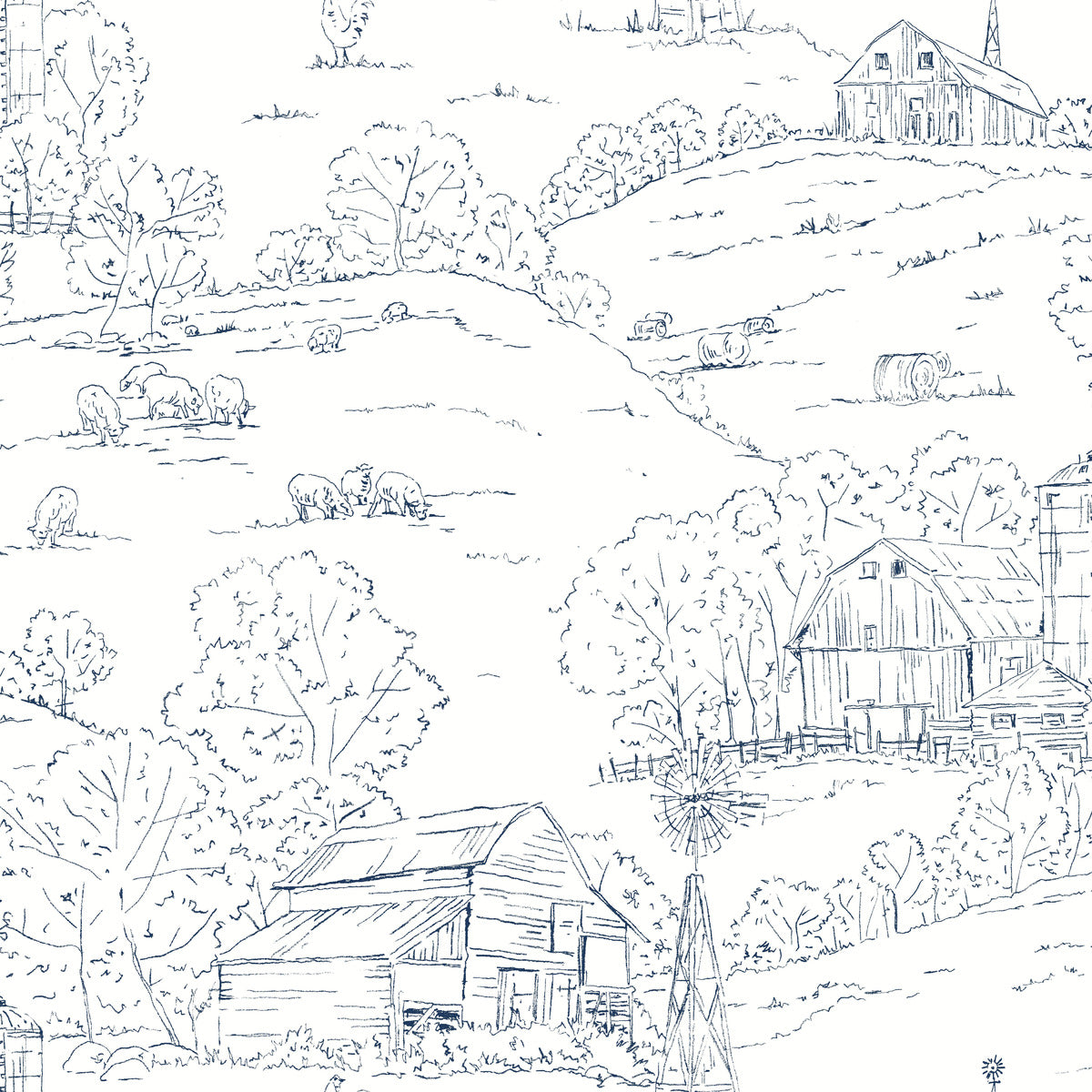 Simply Farmhouse Pasture Toile Wallpaper - Navy & White