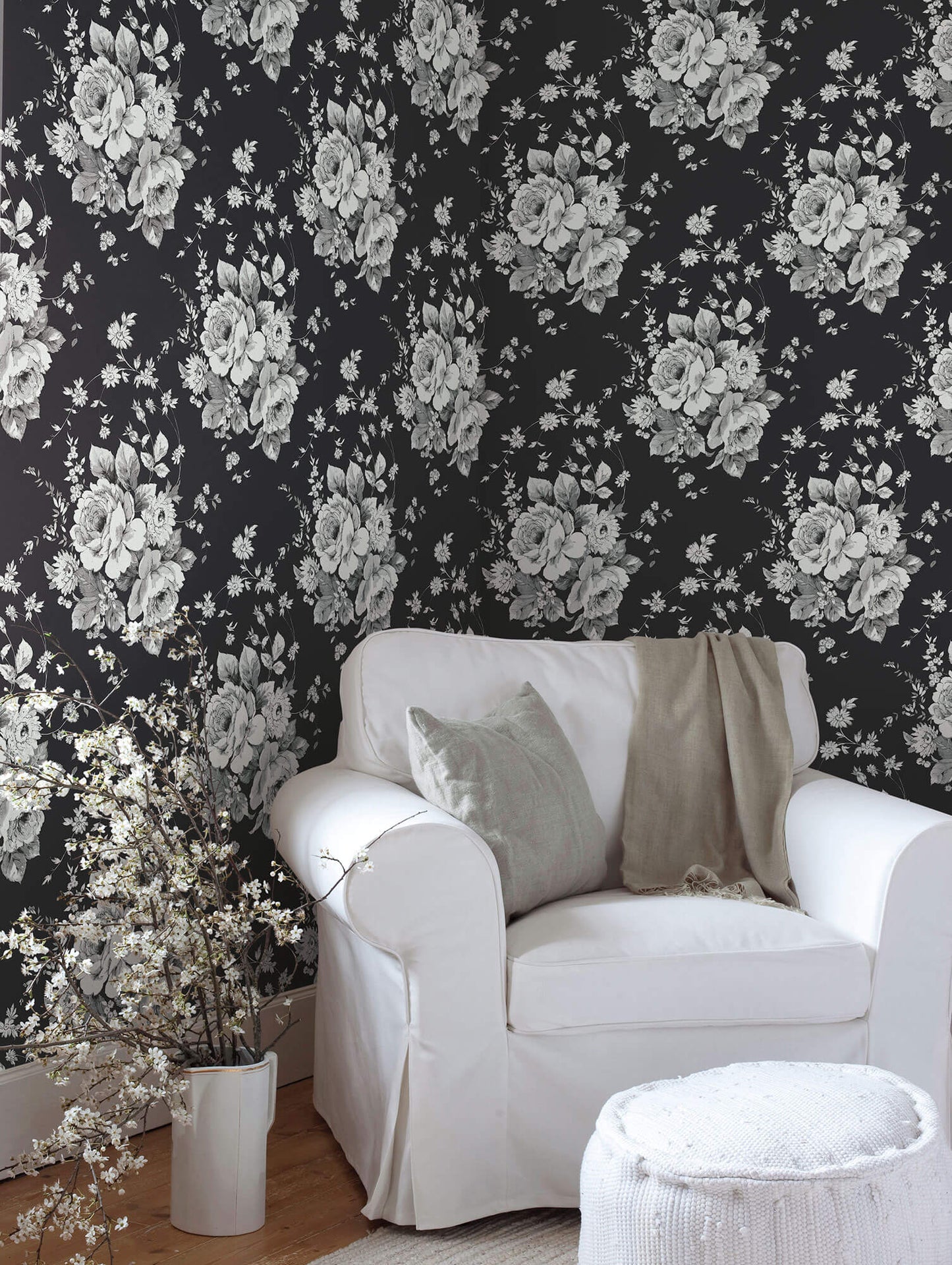 Simply Farmhouse Heritage Rose Wallpaper - Black & Gray