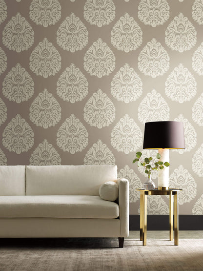 Ronald Redding 24 Karat Teardrop Damask Wallpaper - Beige