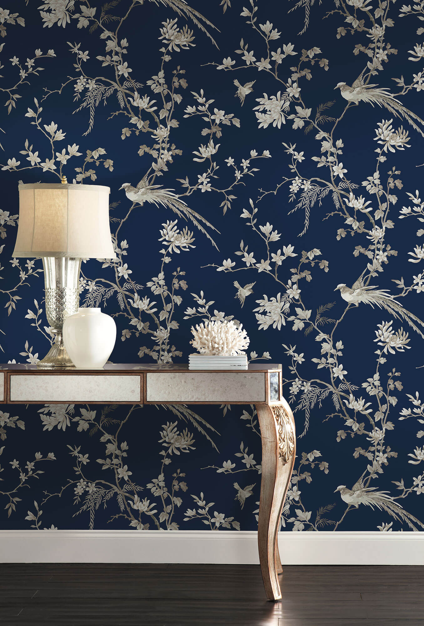 Ronald Redding 24 Karat Bird & Blossom Chinoiserie Wallpaper - Blue