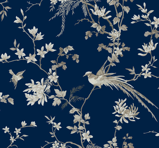 Ronald Redding 24 Karat Bird & Blossom Chinoiserie Wallpaper - Blue