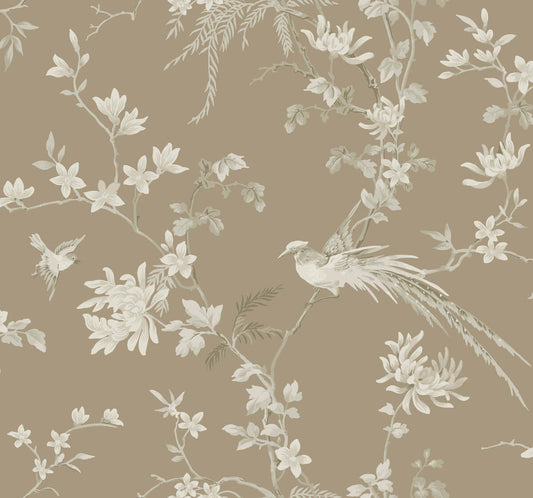 Ronald Redding 24 Karat Bird & Blossom Chinoiserie Wallpaper - Brown