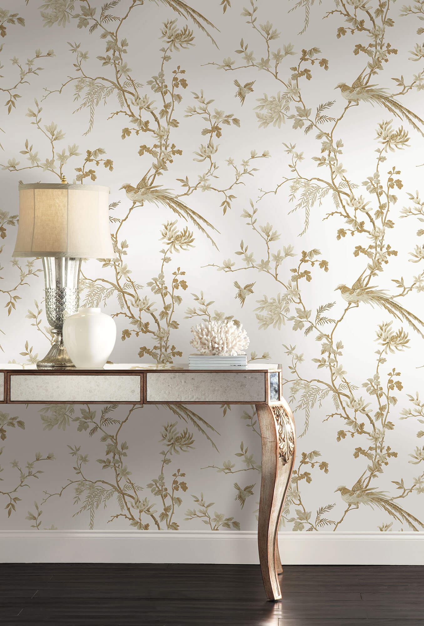 Ronald Redding 24 Karat Bird & Blossom Chinoiserie Wallpaper - White & Gold