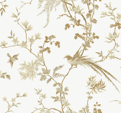 Ronald Redding 24 Karat Bird & Blossom Chinoiserie Wallpaper - White & Gold