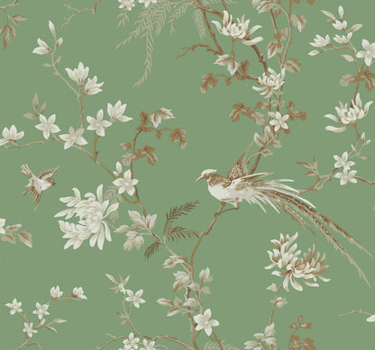 Ronald Redding 24 Karat Bird & Blossom Chinoiserie Wallpaper - Green