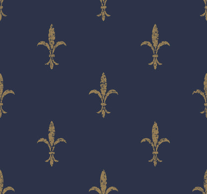Ronald Redding 24 Karat Fleur De Lis Wallpaper - Navy & Gold