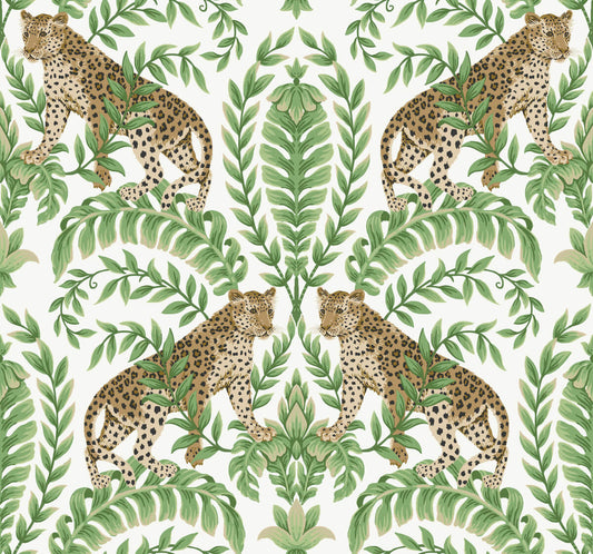 Ronald Redding 24 Karat Jungle Leopard Wallpaper - White & Green