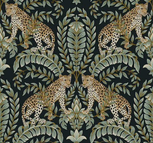 Ronald Redding 24 Karat Jungle Leopard Wallpaper - Black & Green