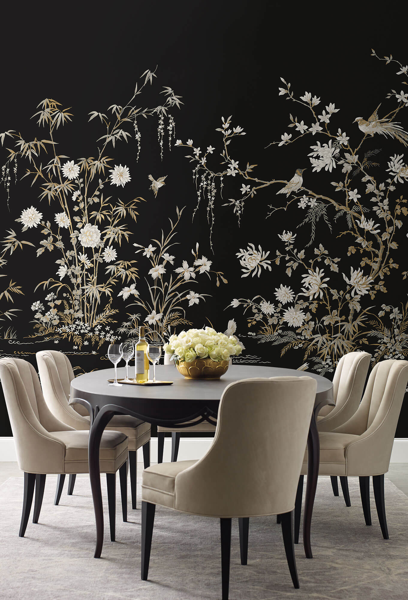 Ronald Redding 24 Karat Flowering Vine Chino Wallpaper Mural - Black