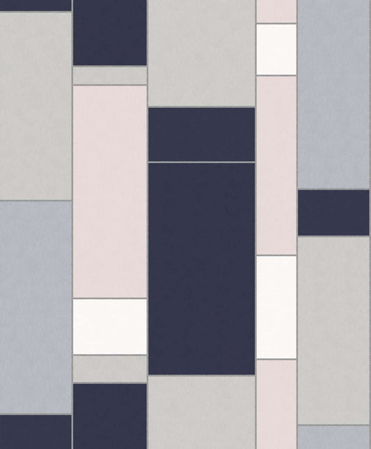 Mondrian De Stijl Geometric Wallpaper - Indigo & Silver
