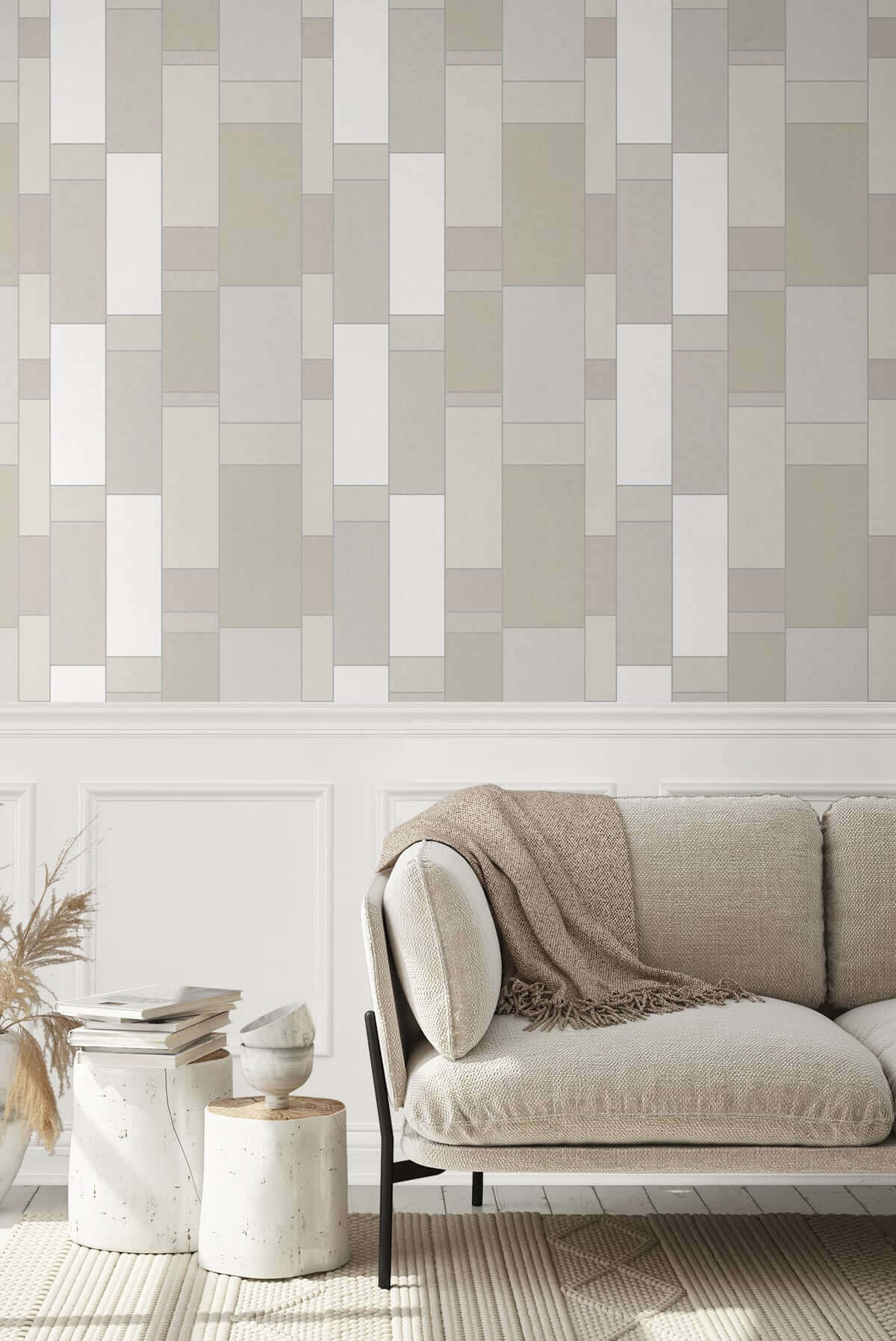 Mondrian De Stijl Geometric Wallpaper - Soft Sage & Silver