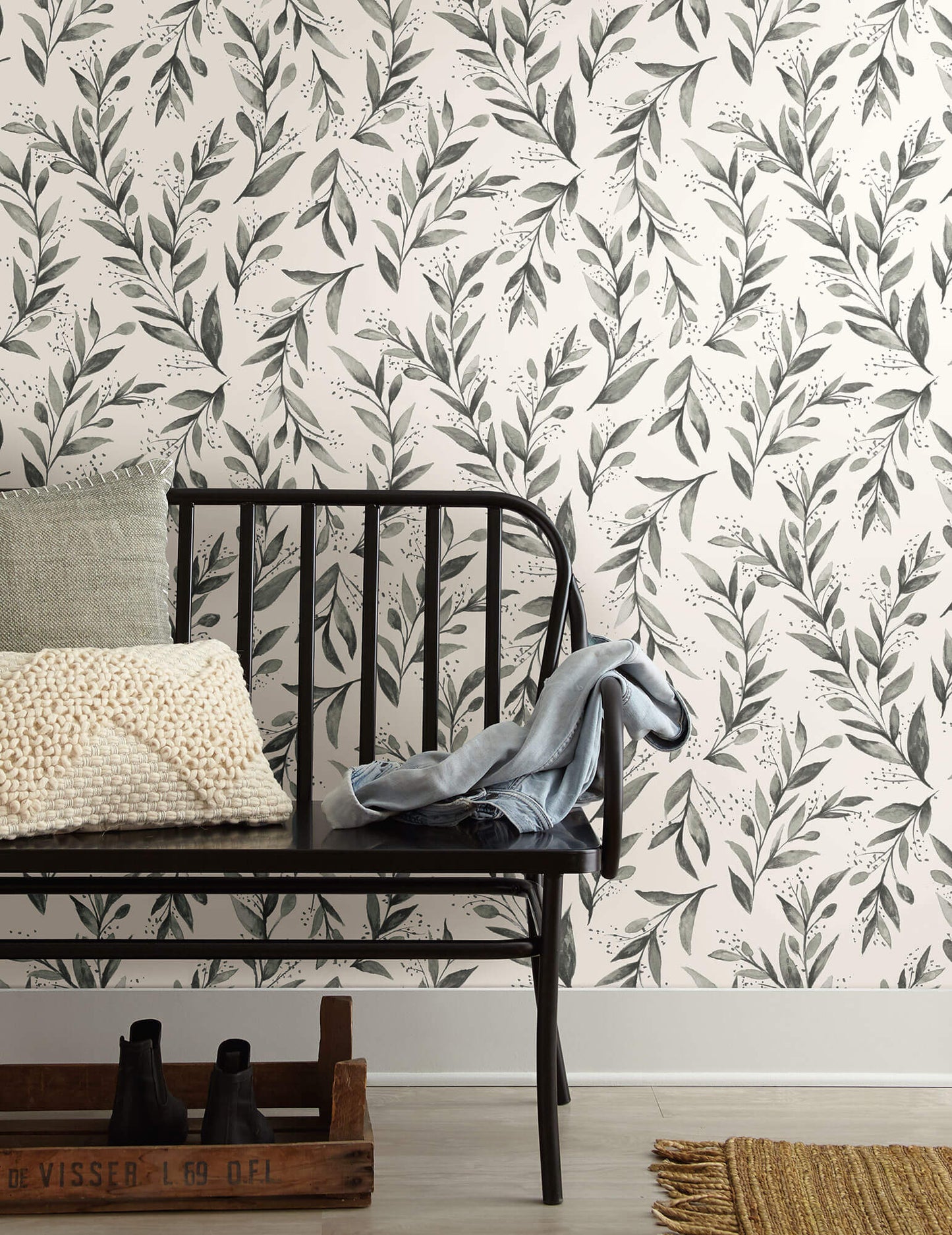 ME1537 Magnolia Home Olive Branch Wallpaper Charcoal Gray