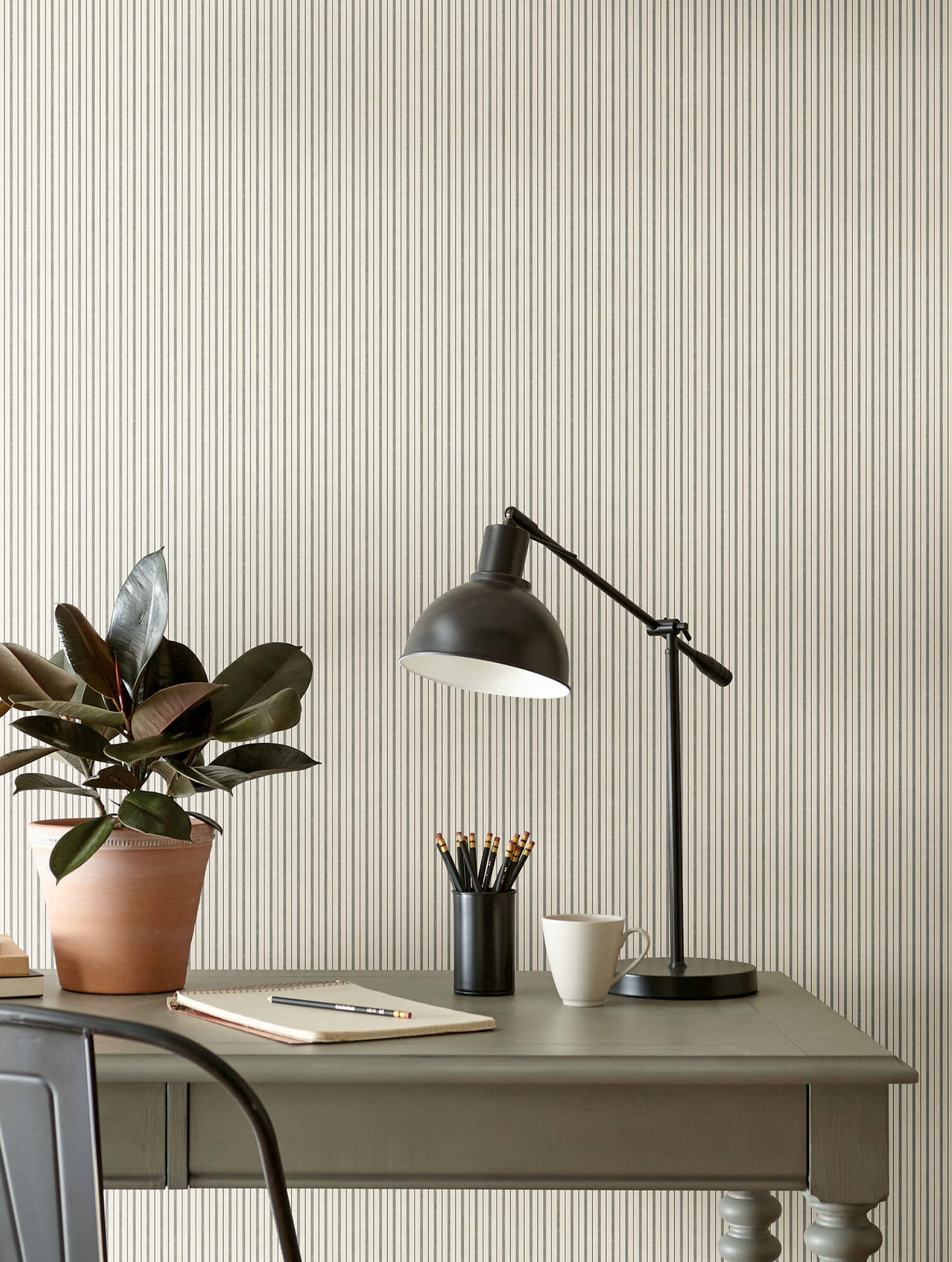 ME1561 Magnolia Home French Ticking Office Wallpaper Charcoal Black