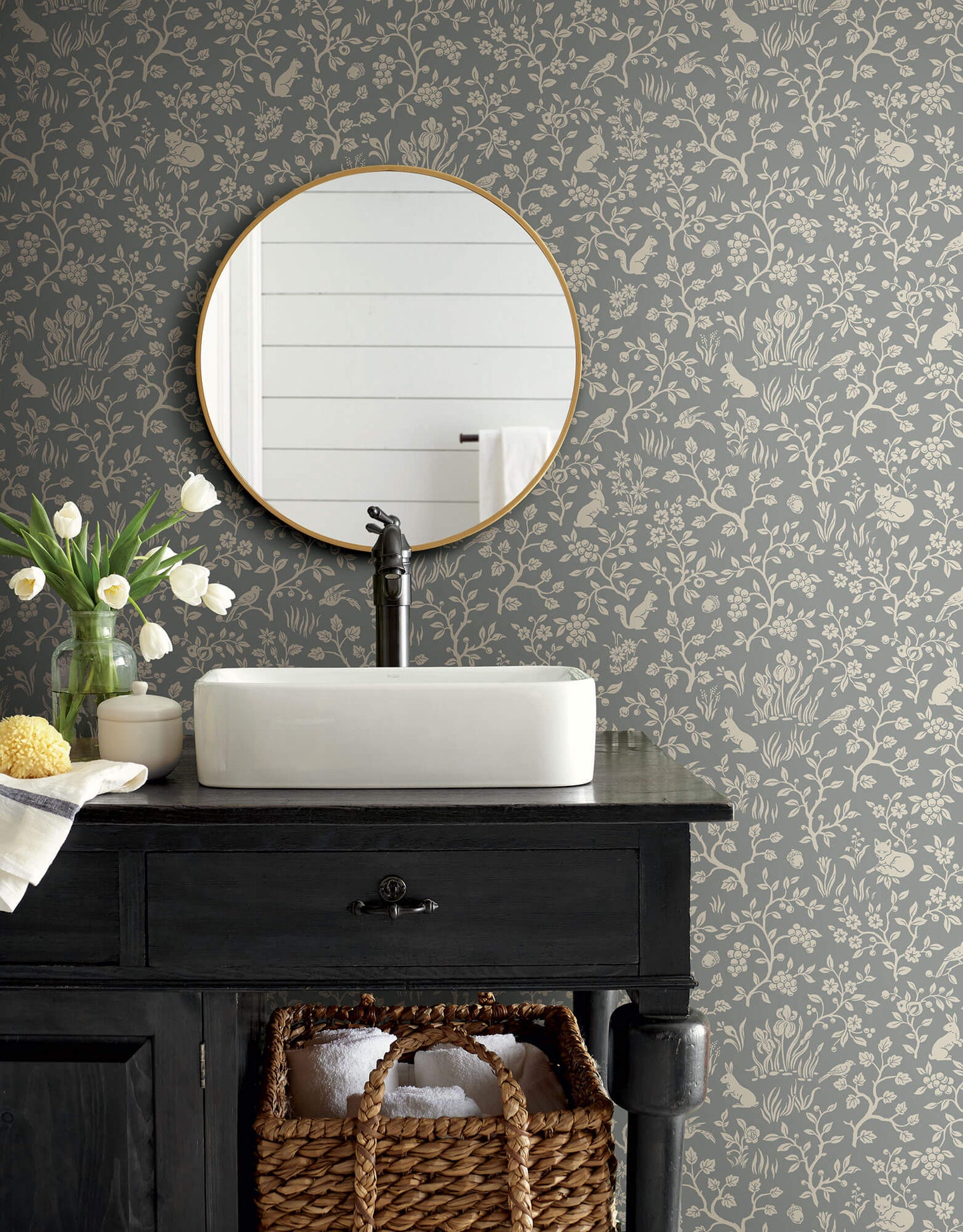 ME1571 Magnolia Home Fox & Hare Bathroom Wallpaper Grey