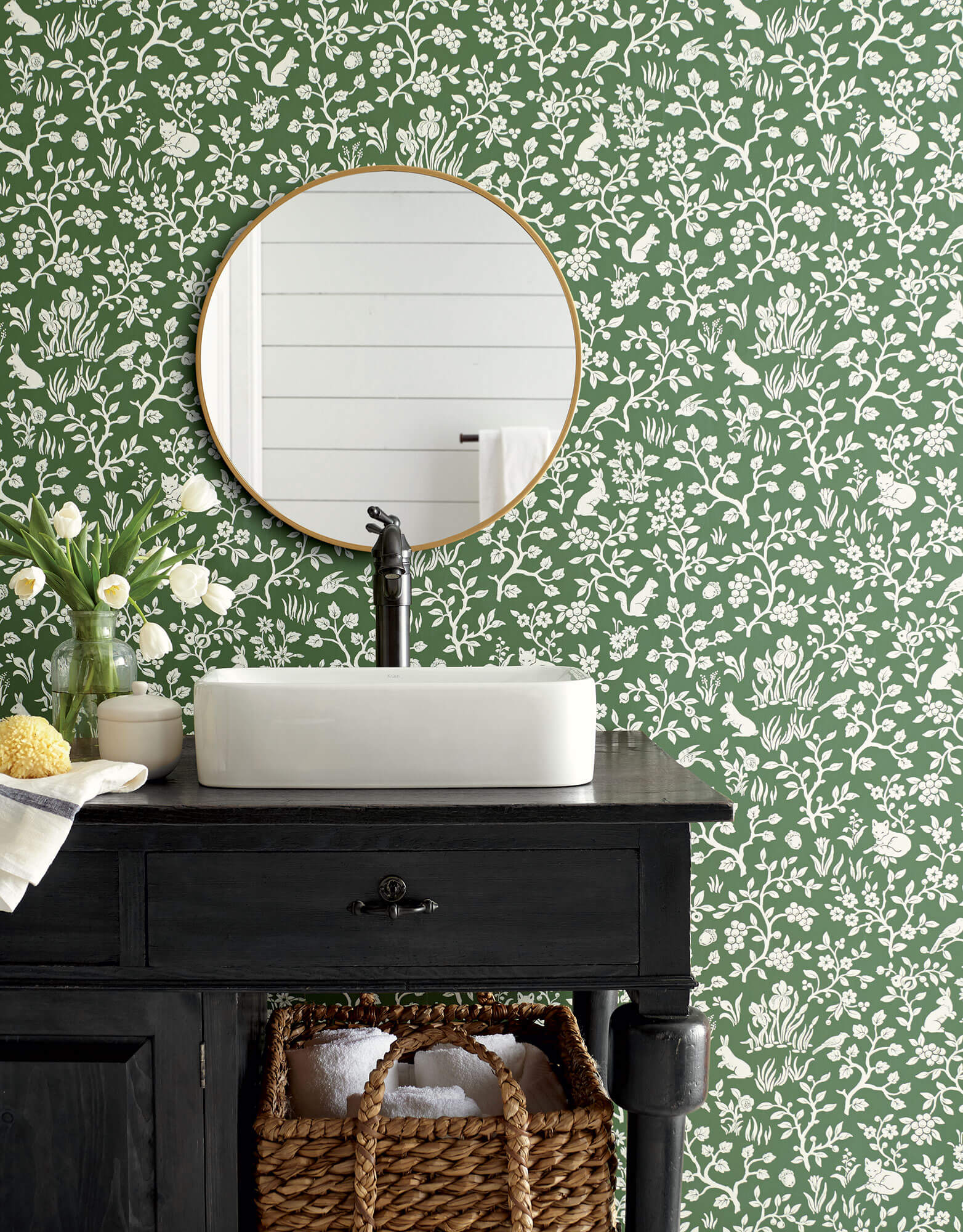 ME1573 Magnolia Home Fox & Hare Bathroom Wallpaper Forest Green