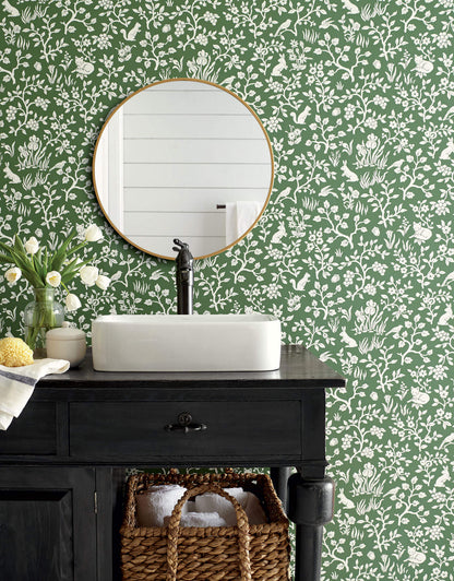 ME1573 Magnolia Home Fox & Hare Bathroom Wallpaper Forest Green